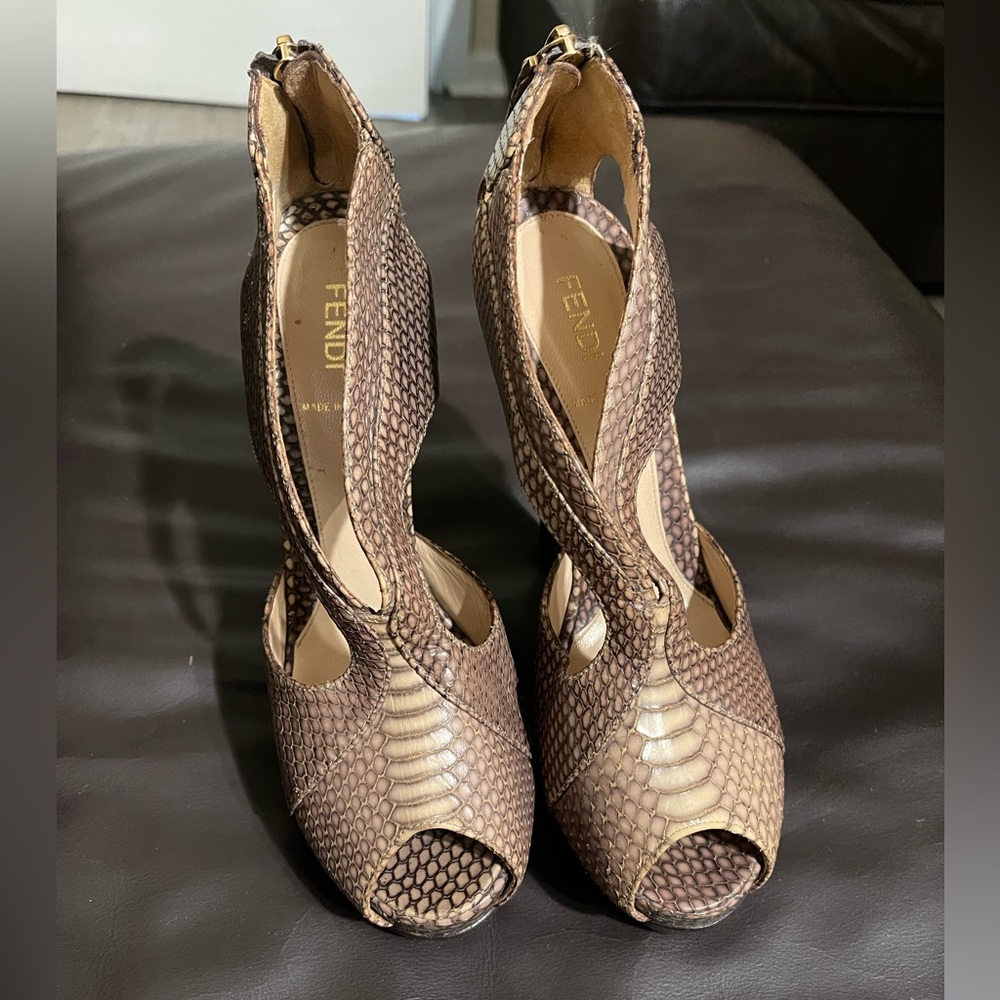 FENDI Snake Embossed Platform Peep Toe Heels